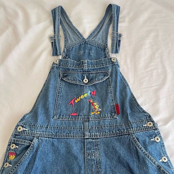 Looney Tunes Tweety Bird Denim  Carpenter Embroidered Overalls Women’s Size XL - Picture 1 of 8